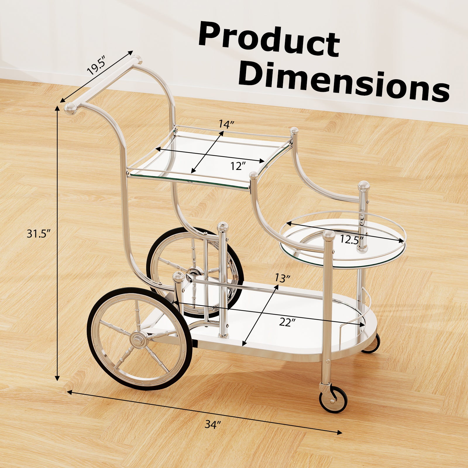 Kitchen Rolling Bar Cart with Tempered Glass Suitable for Restaurant and Hotel, Silver Kitchen Islands & Carts at Gallery Canada
