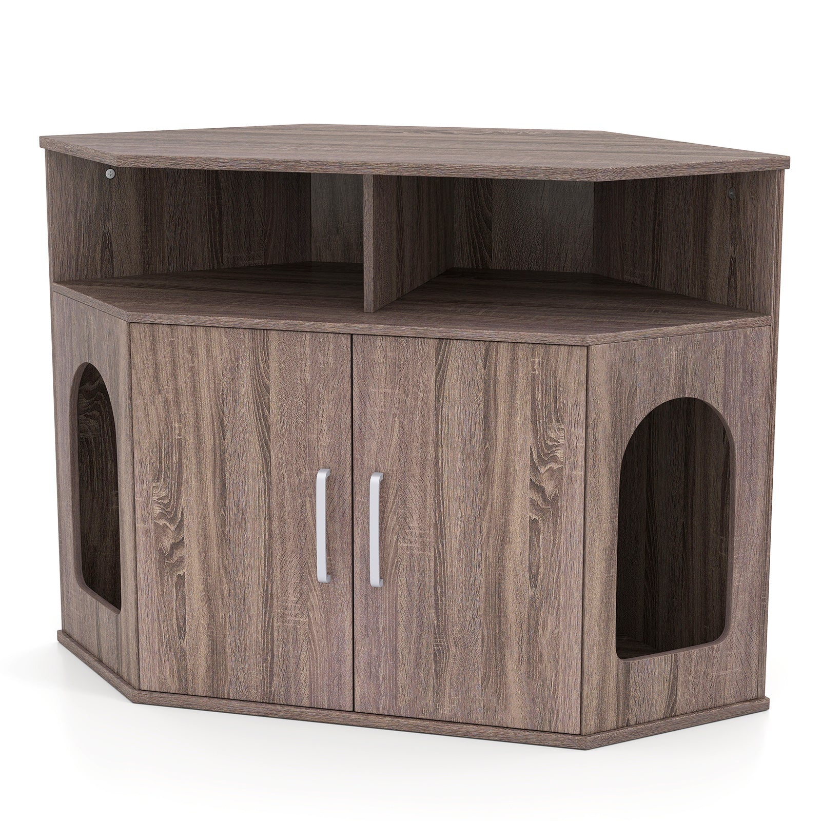 Corner Cat Litter Box Enclosure with Storage Shelves and Double Doors, Gray Cat Houses Gray at Gallery Canada