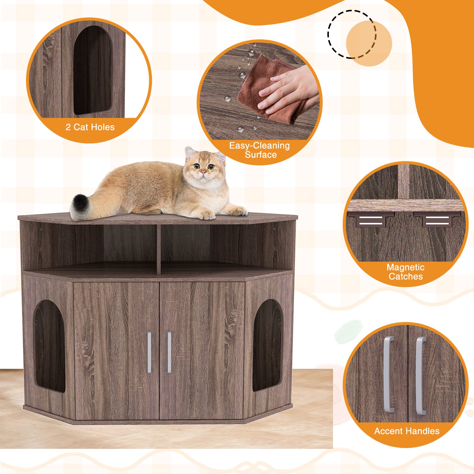 Corner Cat Litter Box Enclosure with Storage Shelves and Double Doors, Gray Cat Houses at Gallery Canada