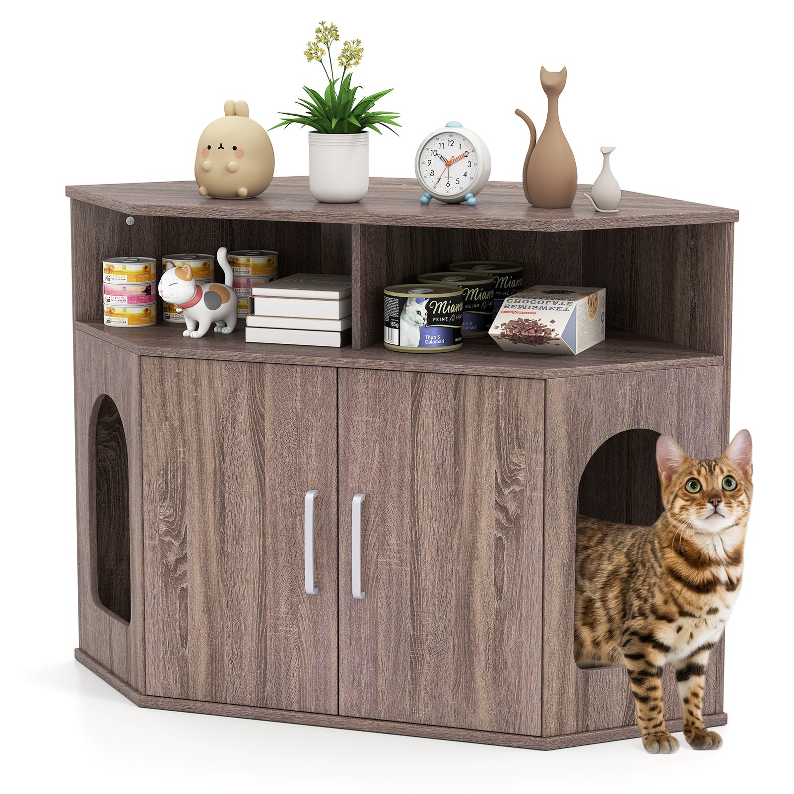 Corner Cat Litter Box Enclosure with Storage Shelves and Double Doors, Gray Cat Houses at Gallery Canada