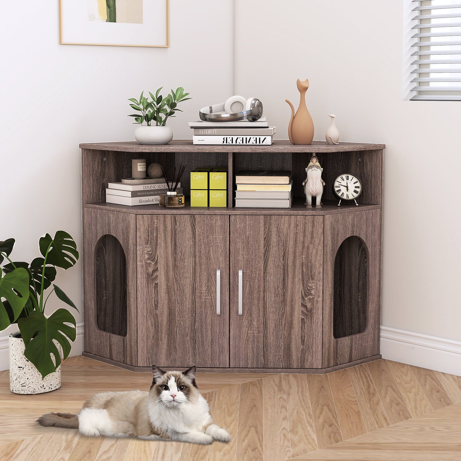 Corner Cat Litter Box Enclosure with Storage Shelves and Double Doors, Gray Cat Houses at Gallery Canada