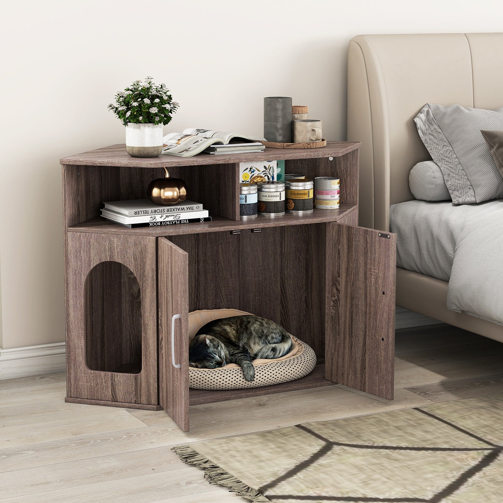 Corner Cat Litter Box Enclosure with Storage Shelves and Double Doors, Gray Cat Houses at Gallery Canada