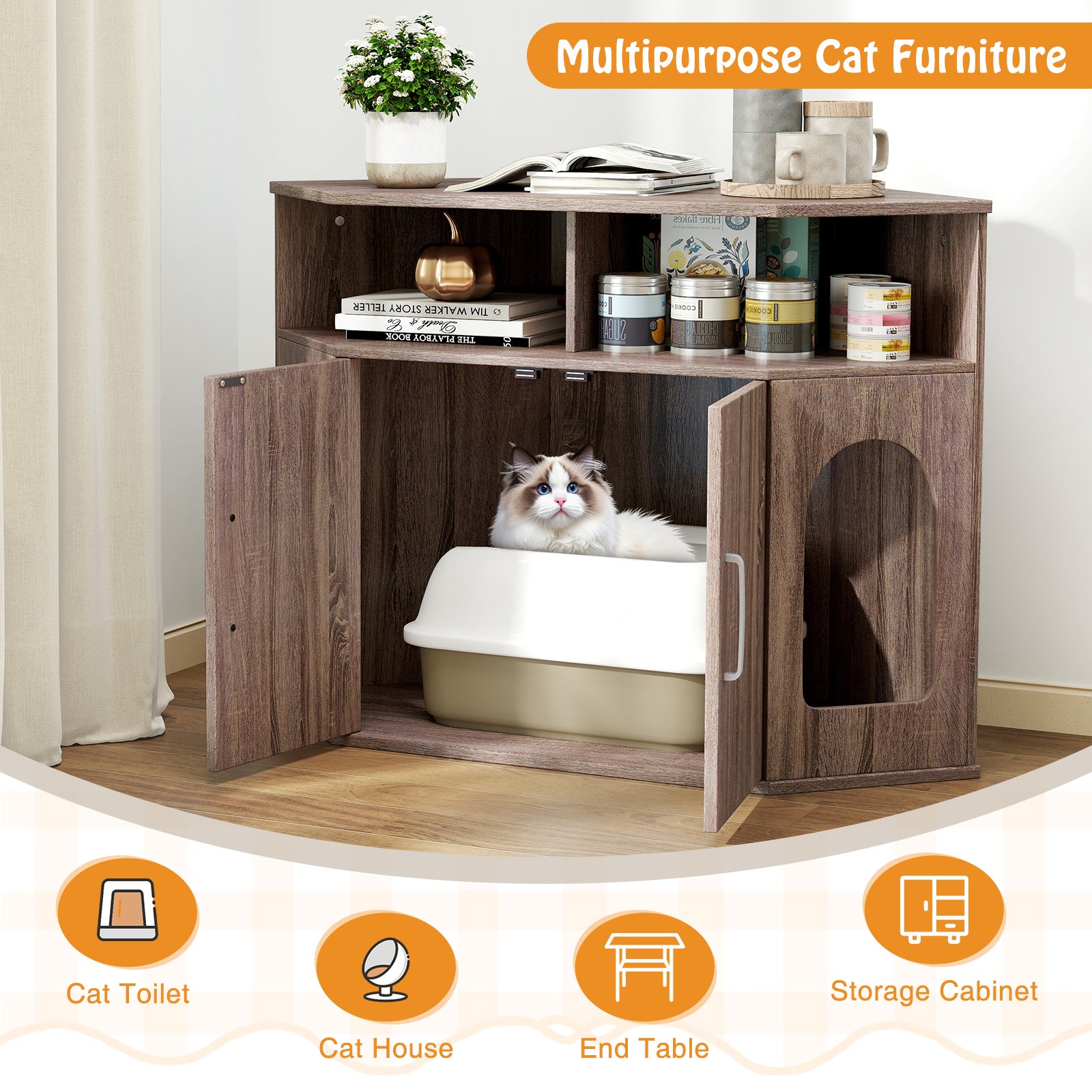 Corner Cat Litter Box Enclosure with Storage Shelves and Double Doors, Gray Cat Houses at Gallery Canada