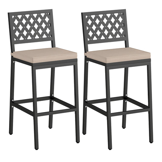 Patio Bar Chairs, Set of 2, Counter Height, Detachable Cushion, Footrest, Argyle Pattern, Black