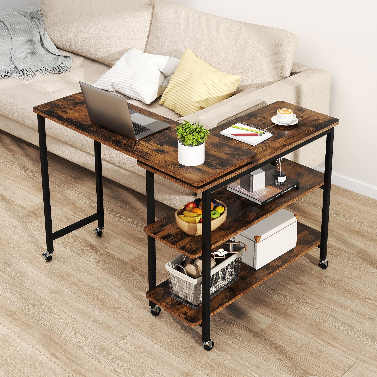 360° Rotating Sofa Side Table with Storage Shelves and Wheels, Rustic Brown End & Side Tables at Gallery Canada