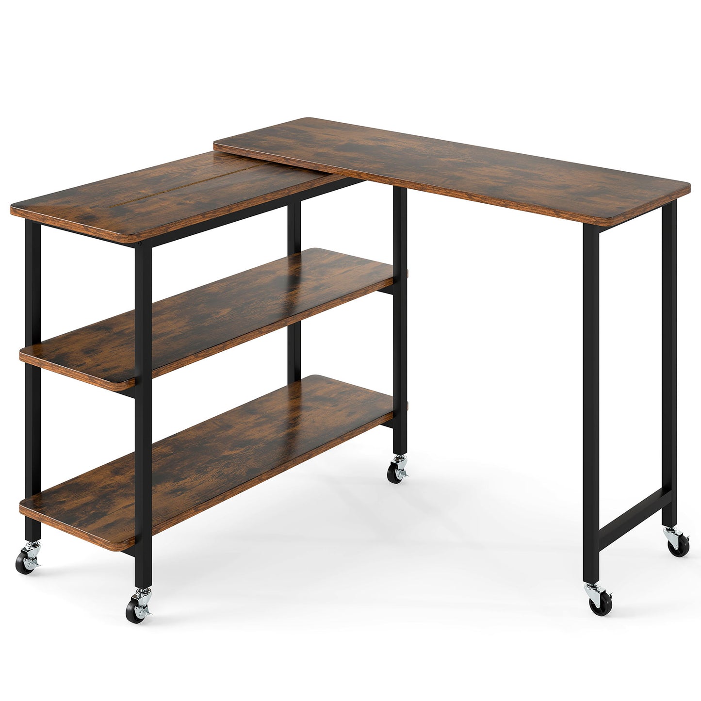 360° Rotating Side Table With Storage Shelves, Wheels, Rustic Brown