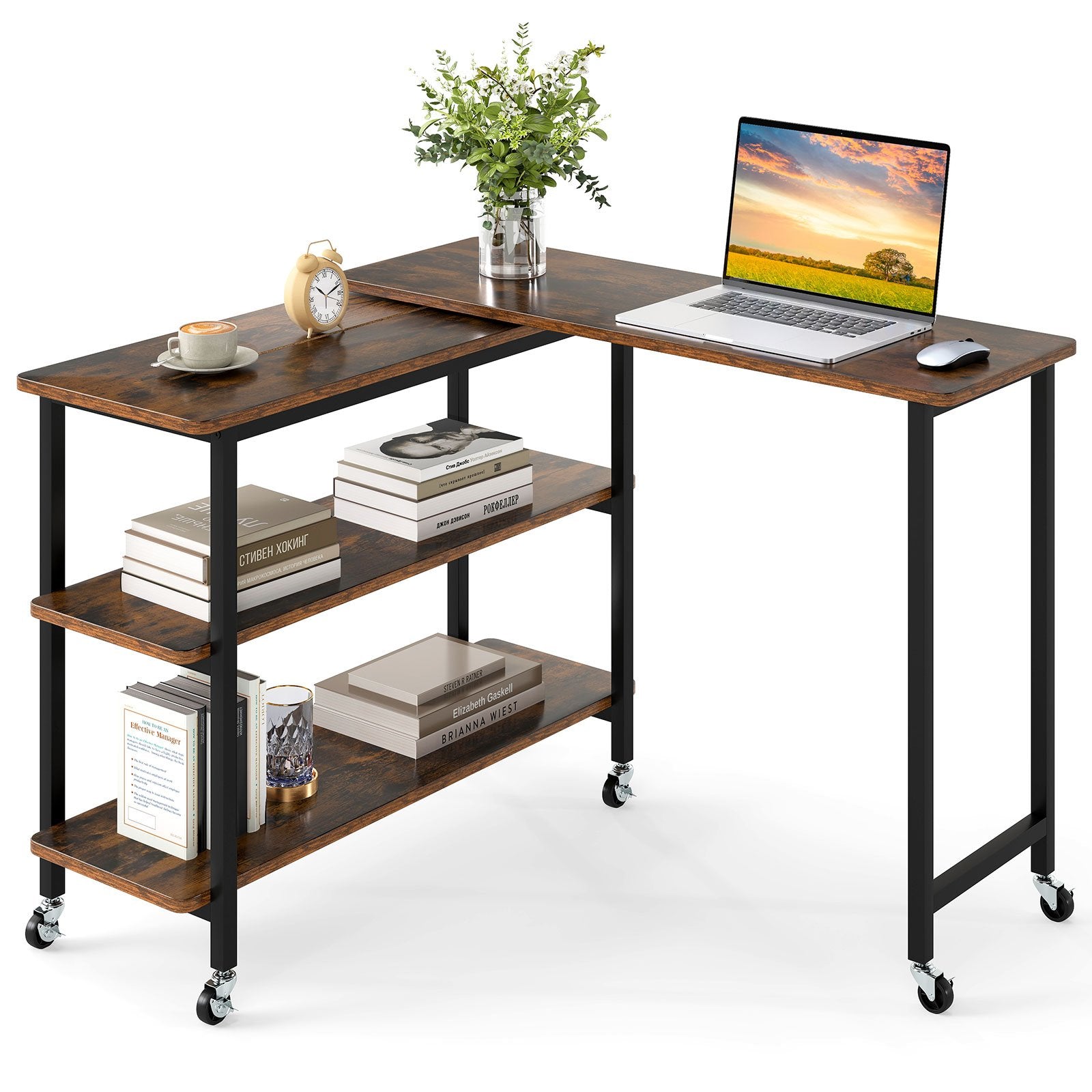 360° Rotating Sofa Side Table with Storage Shelves and Wheels, Rustic Brown End & Side Tables at Gallery Canada