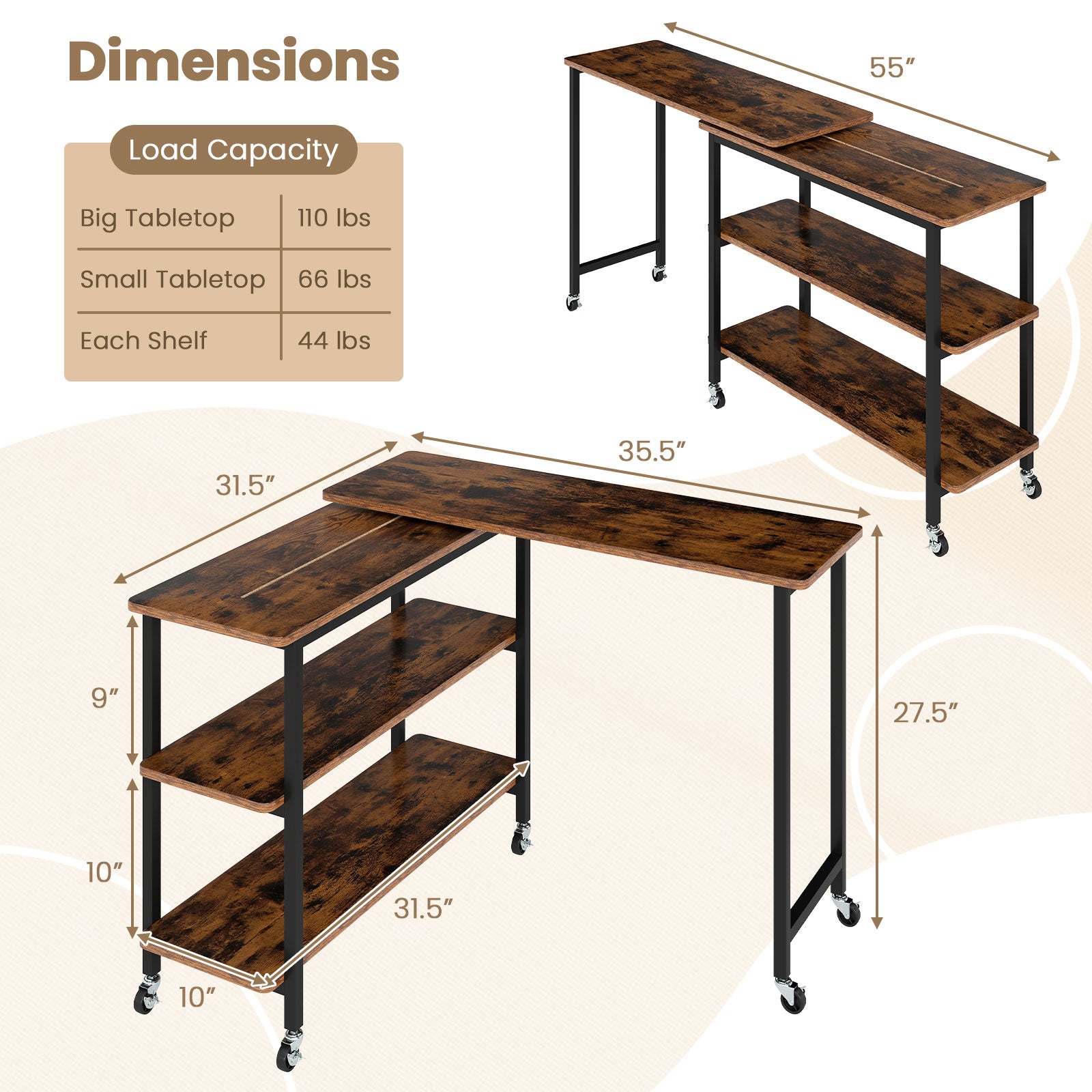 360° Rotating Sofa Side Table with Storage Shelves and Wheels, Rustic Brown End & Side Tables at Gallery Canada