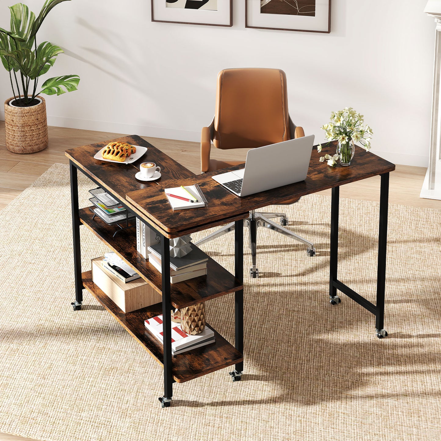 360° Rotating Sofa Side Table with Storage Shelves and Wheels, Rustic Brown End & Side Tables at Gallery Canada