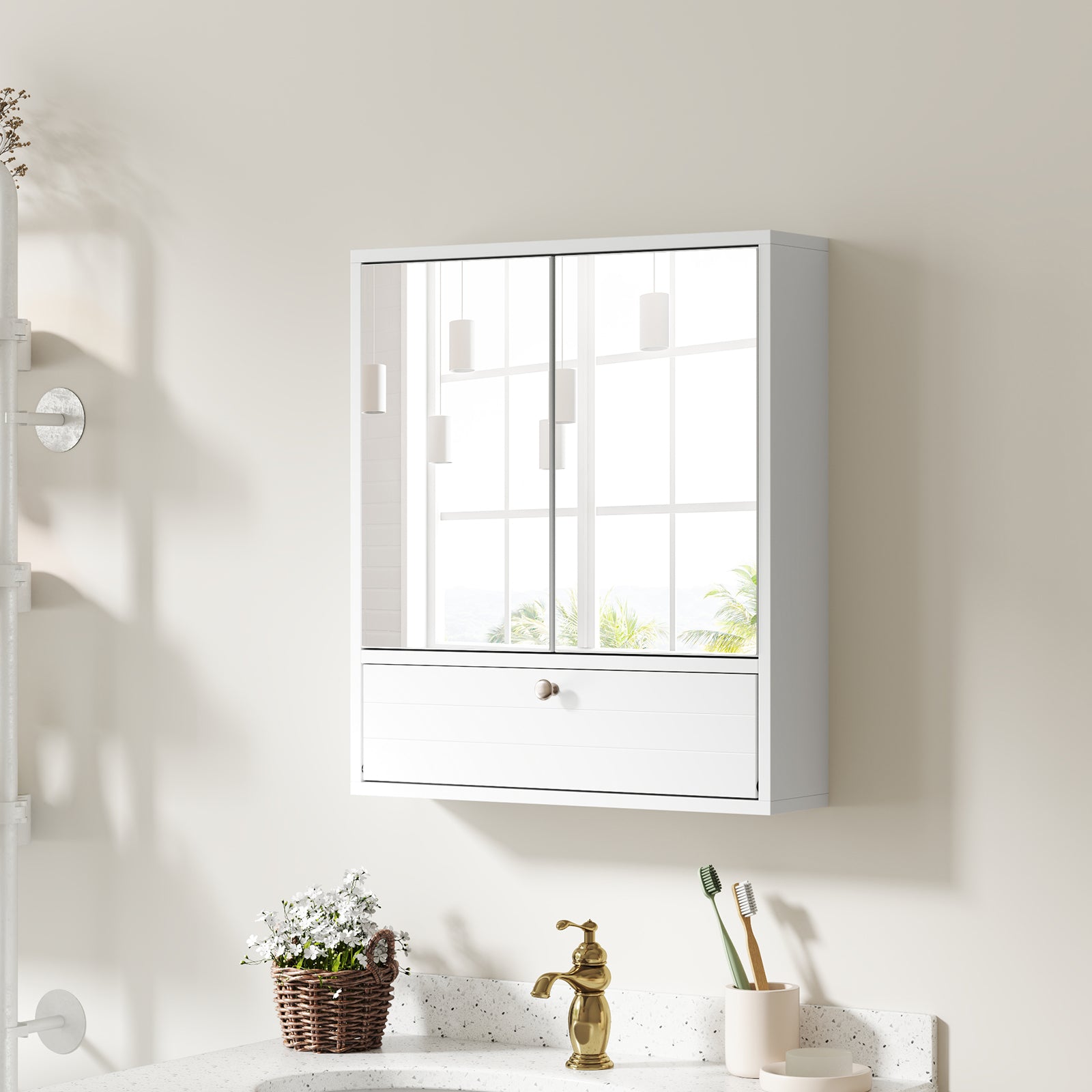 Bathroom Double Mirror Door Wall Mount Storage Wood Cabinet, White Wall Cabinets at Gallery Canada