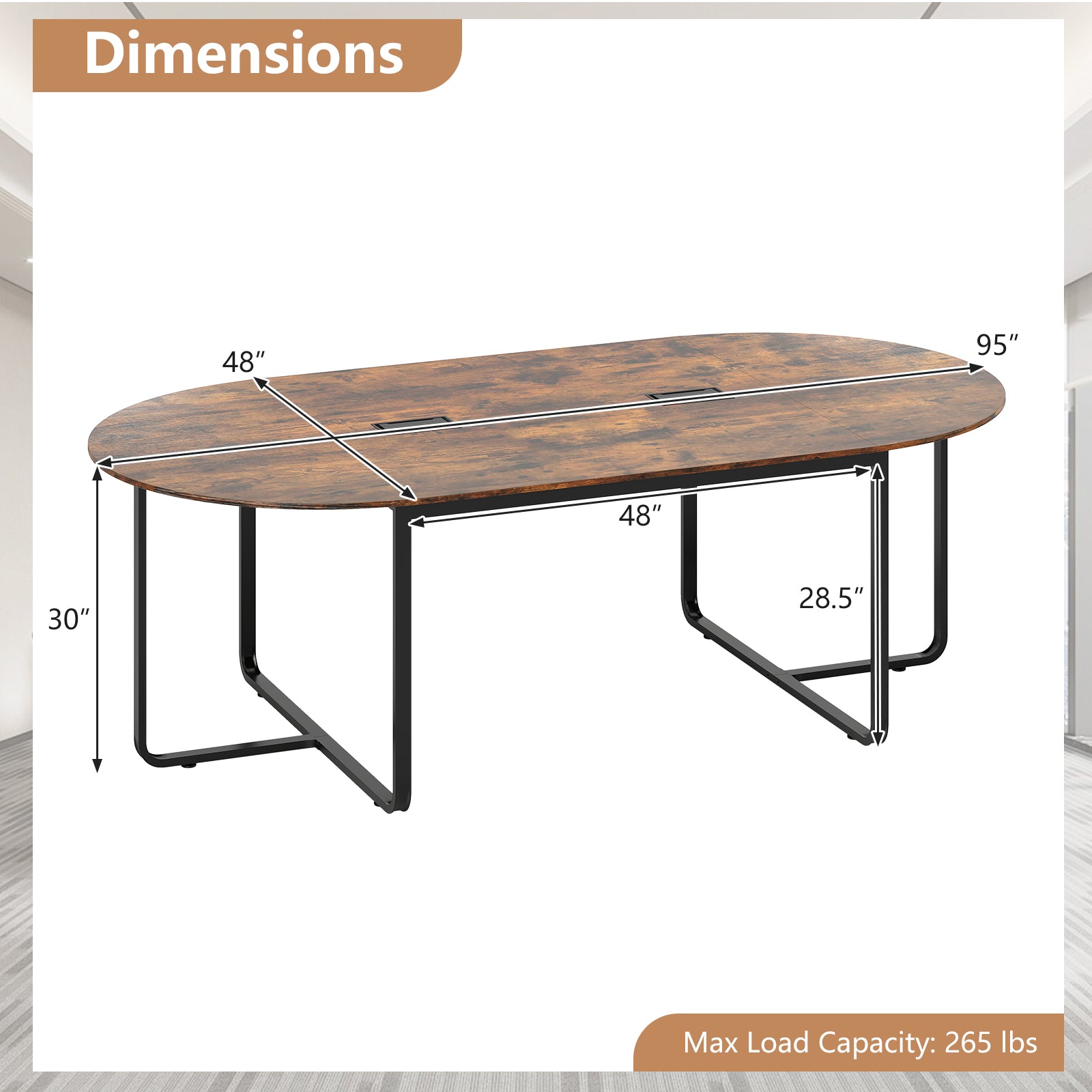 95 Inches Oval Conference Table, Dual Cable Holes, Rustic Brown Standing Desks at Gallery Canada