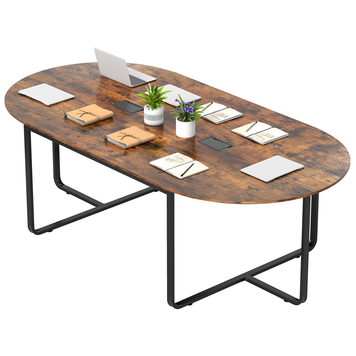 95 Inches Oval Conference Table, Dual Cable Holes, Rustic Brown Standing Desks at Gallery Canada