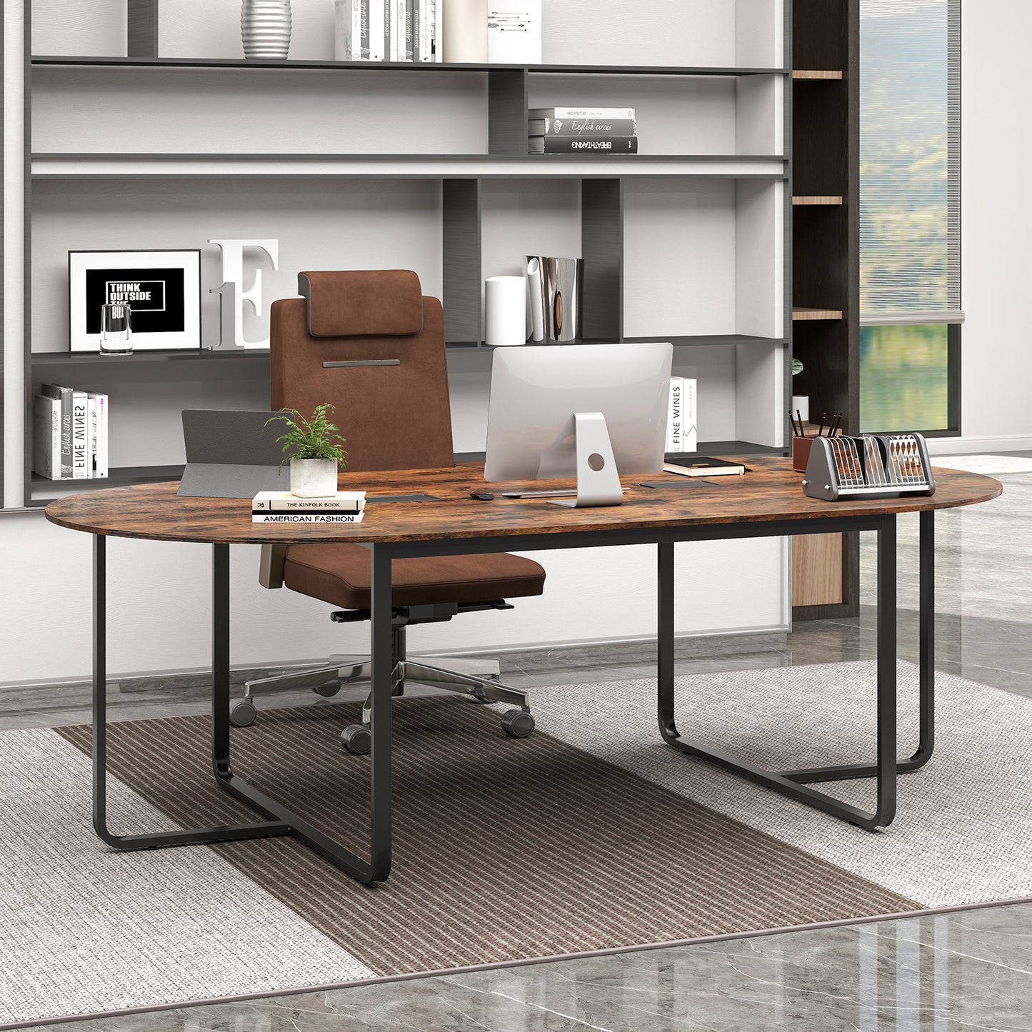 95 Inches Oval Conference Table, Dual Cable Holes, Rustic Brown Standing Desks at Gallery Canada