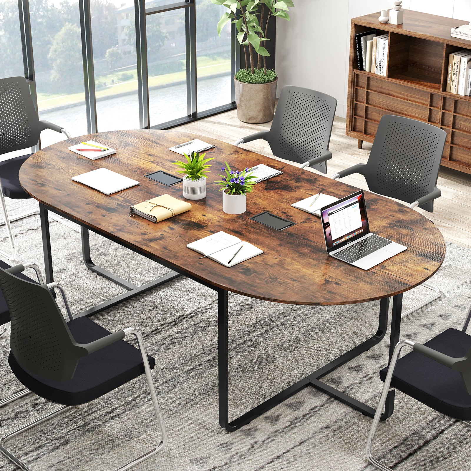 95 Inches Oval Conference Table, Dual Cable Holes, Rustic Brown Standing Desks at Gallery Canada