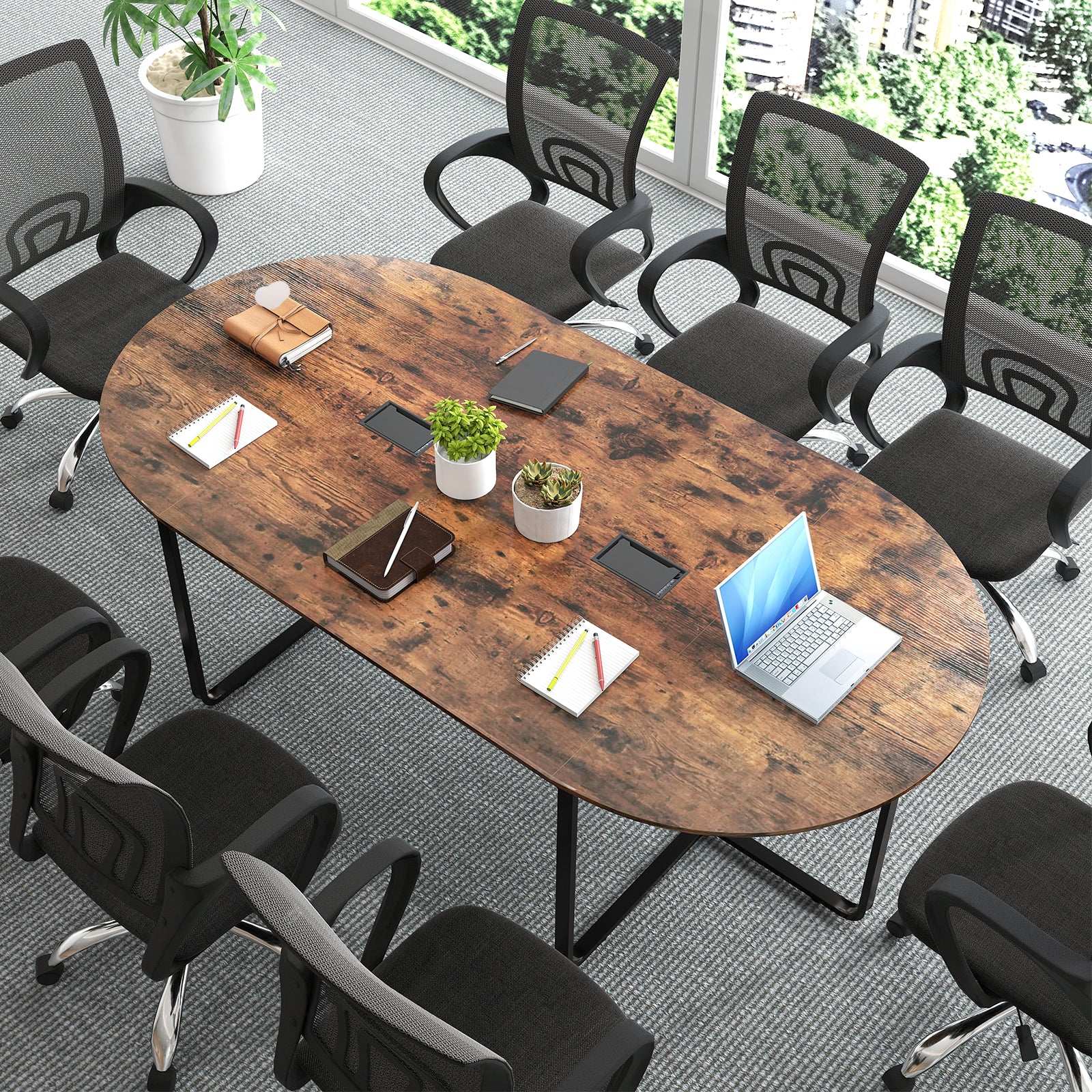 95 Inches Oval Conference Table, Dual Cable Holes, Rustic Brown Standing Desks at Gallery Canada