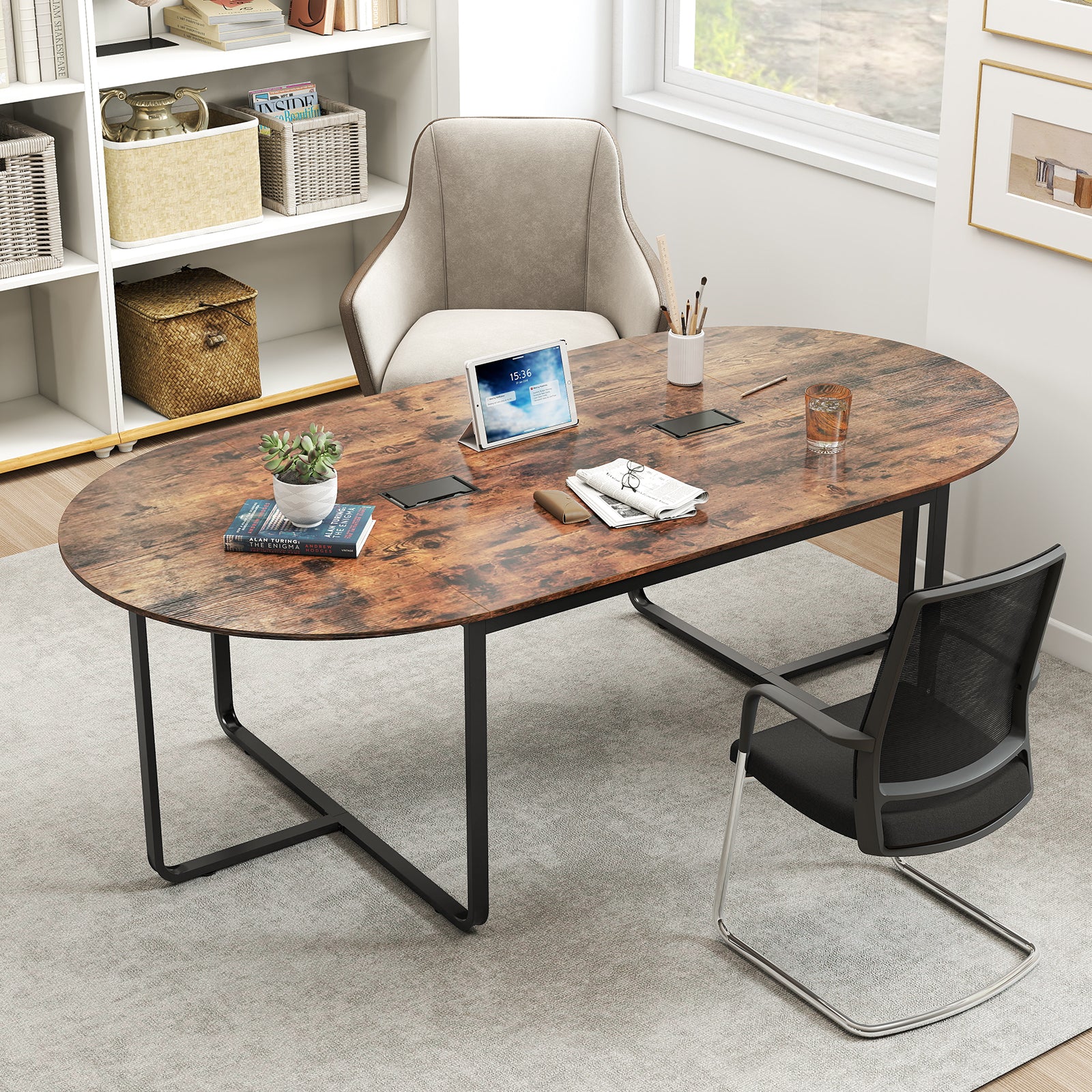 95 Inches Oval Conference Table, Dual Cable Holes, Rustic Brown Standing Desks at Gallery Canada