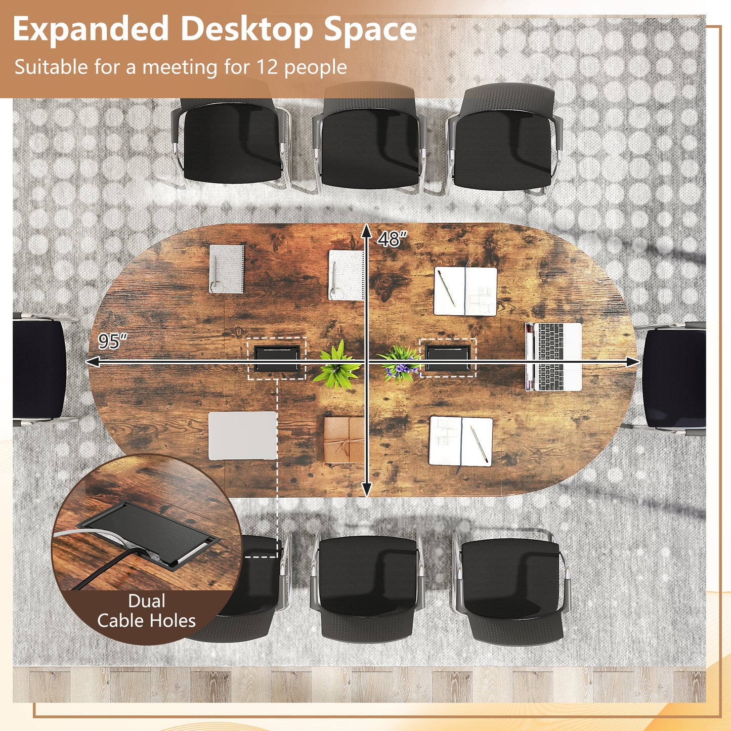95 Inches Oval Conference Table, Dual Cable Holes, Rustic Brown Standing Desks at Gallery Canada