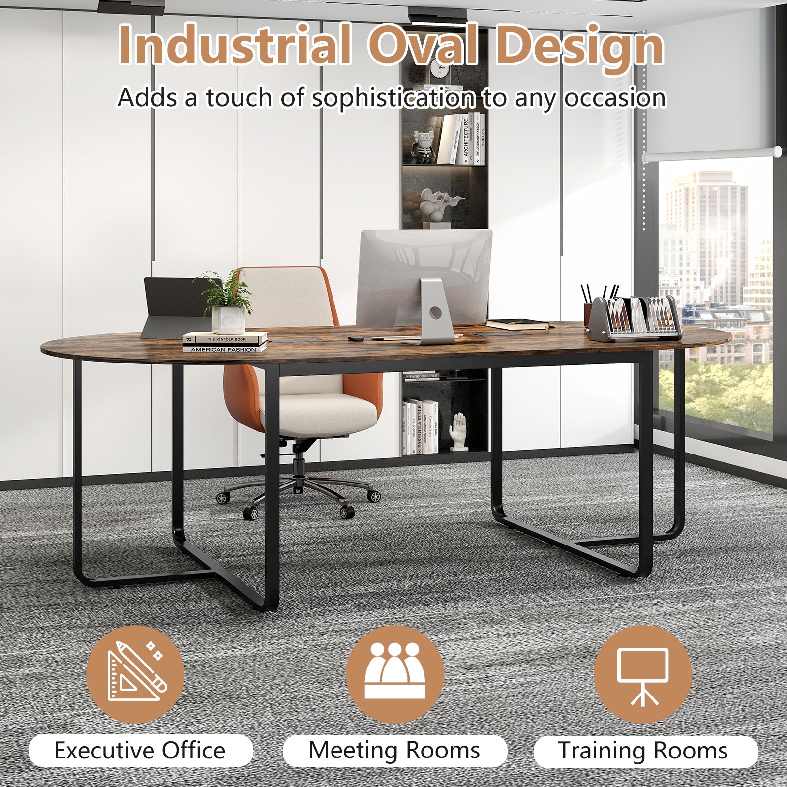 95 Inches Oval Conference Table, Dual Cable Holes, Rustic Brown Standing Desks at Gallery Canada