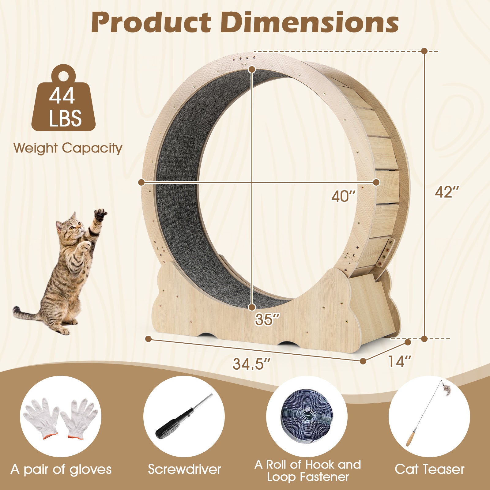40 Inch Large Cat Exercise Wheel with Lockable Mechanism and Carpeted Runaway for Indoor Cats, Natural Cat Supplies at Gallery Canada