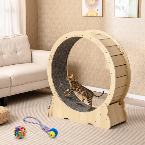 40 Inch Large Cat Exercise Wheel with Lockable Mechanism and Carpeted Runaway for Indoor Cats, Natural