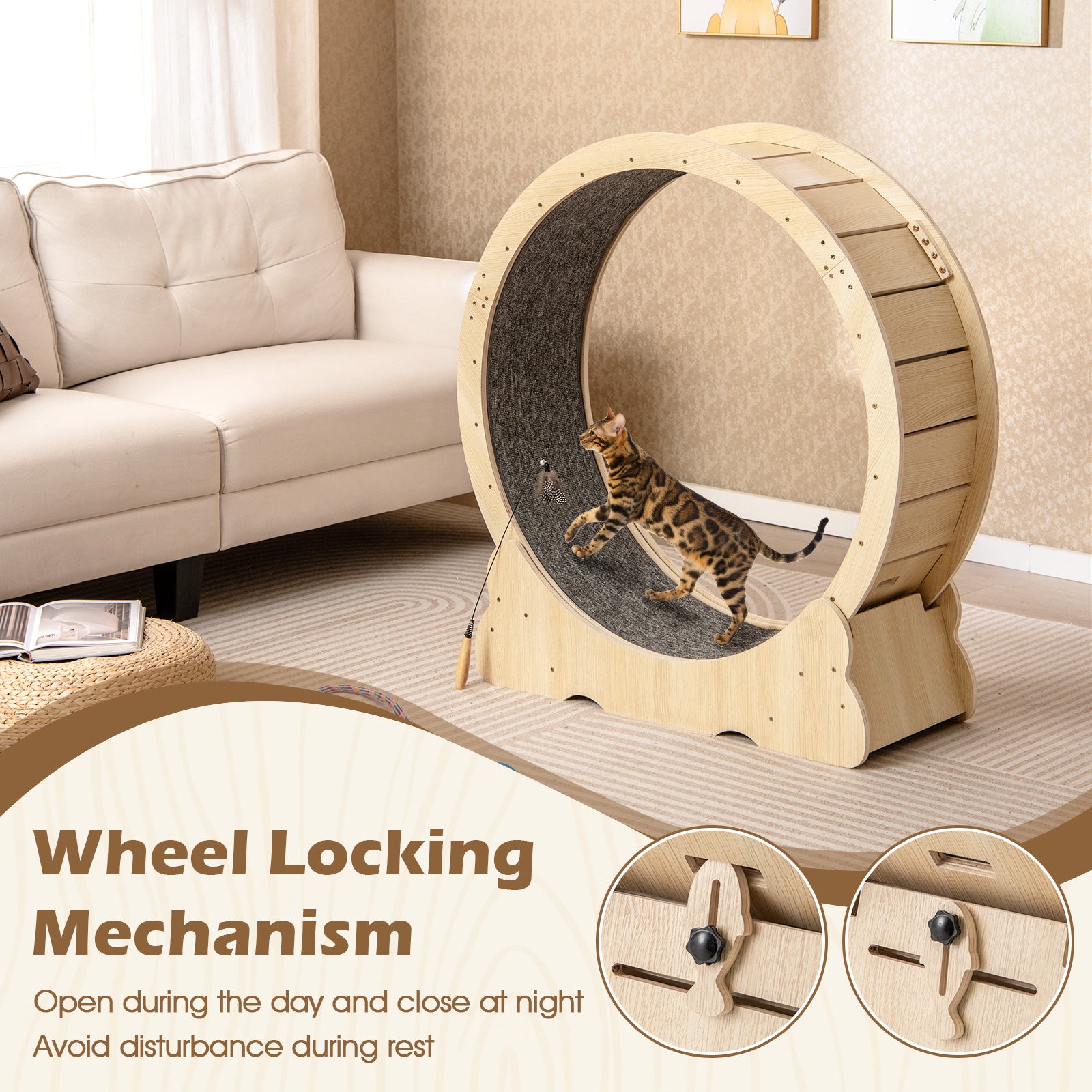 40 Inch Large Cat Exercise Wheel with Lockable Mechanism and Carpeted Runaway for Indoor Cats, Natural Cat Supplies at Gallery Canada