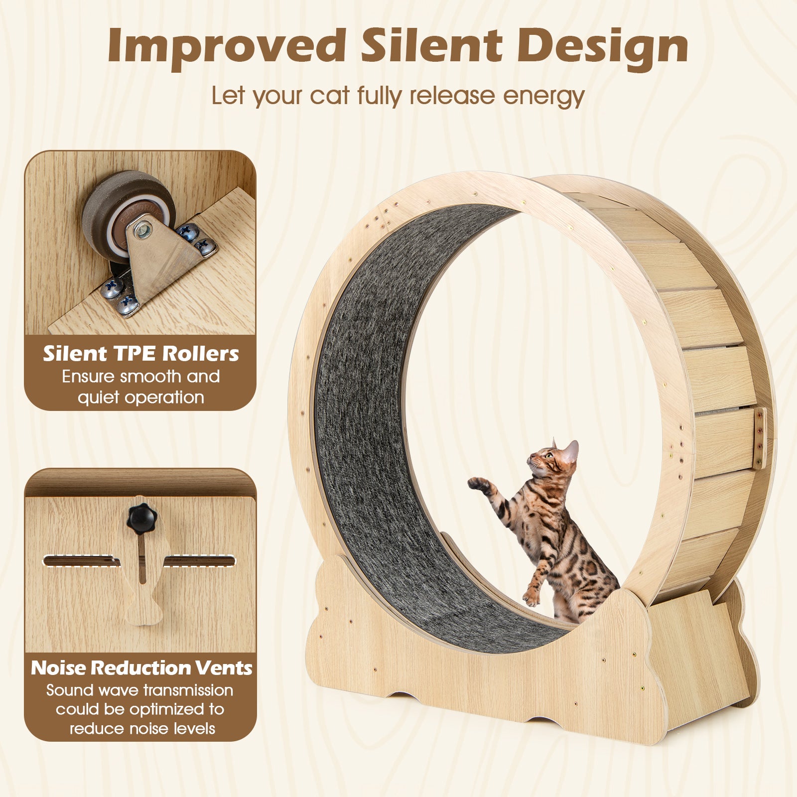 40 Inch Large Cat Exercise Wheel with Lockable Mechanism and Carpeted Runaway for Indoor Cats, Natural Cat Supplies at Gallery Canada