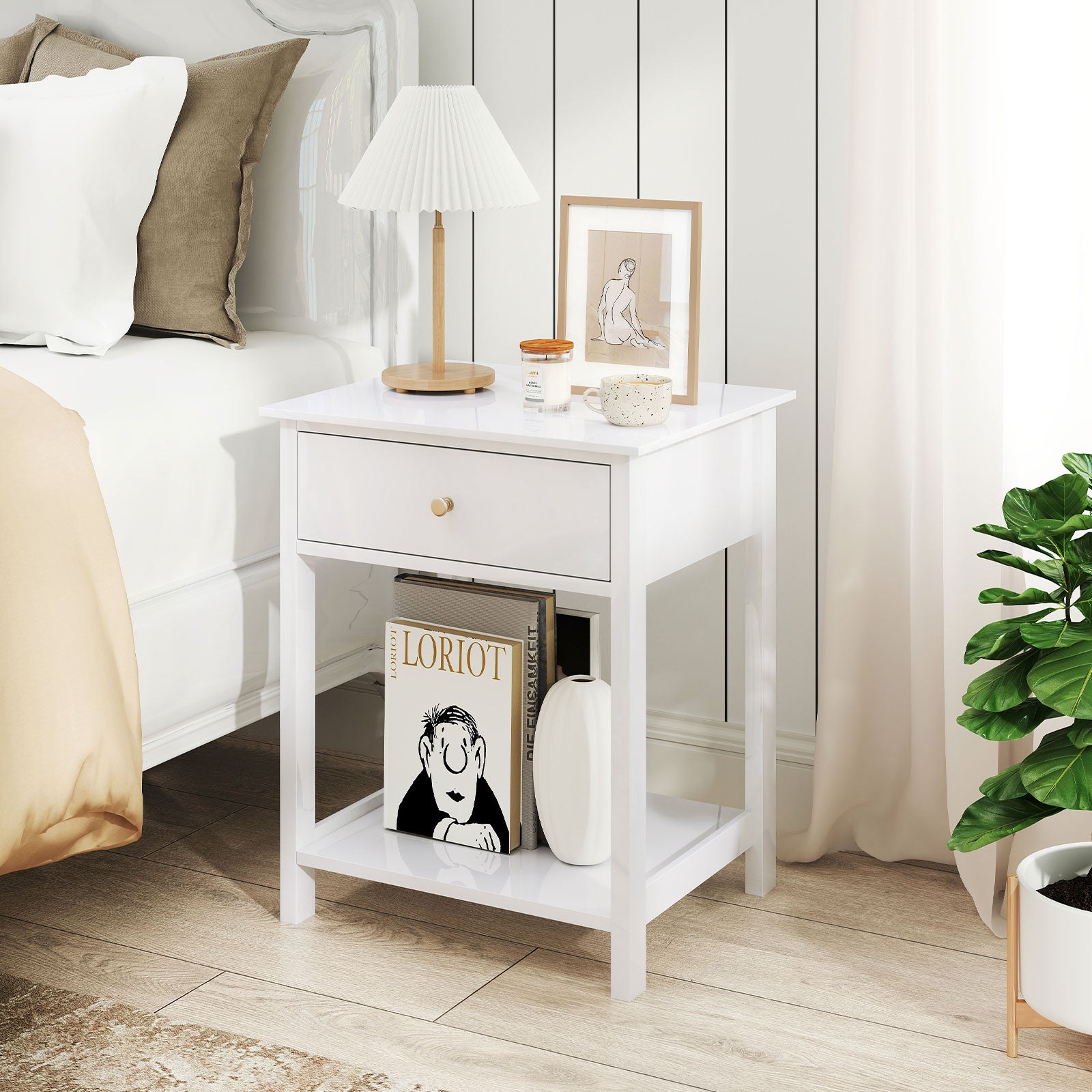 Wooden Storage Shelf With Drawer, White Nightstands at Gallery Canada