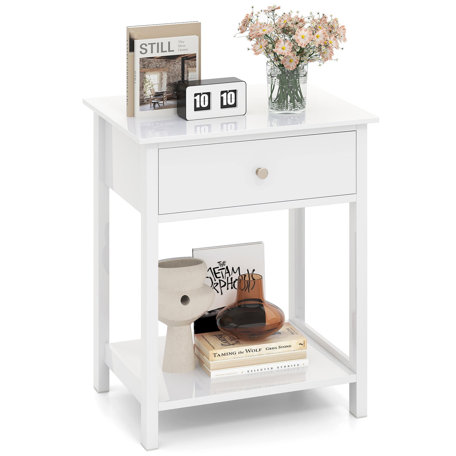 Wooden Storage Shelf With Drawer, White Nightstands at Gallery Canada