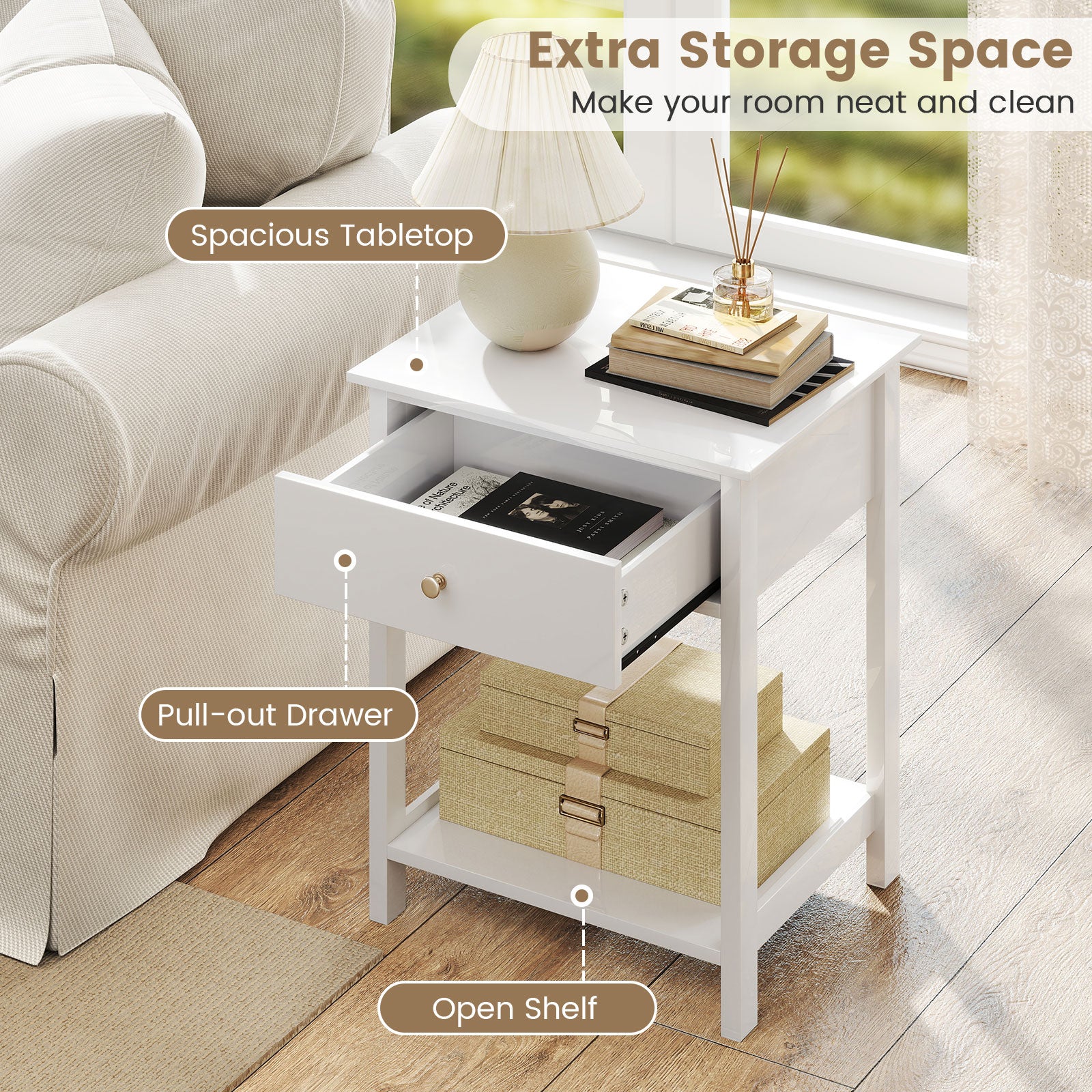 Wooden Storage Shelf With Drawer, White Nightstands at Gallery Canada