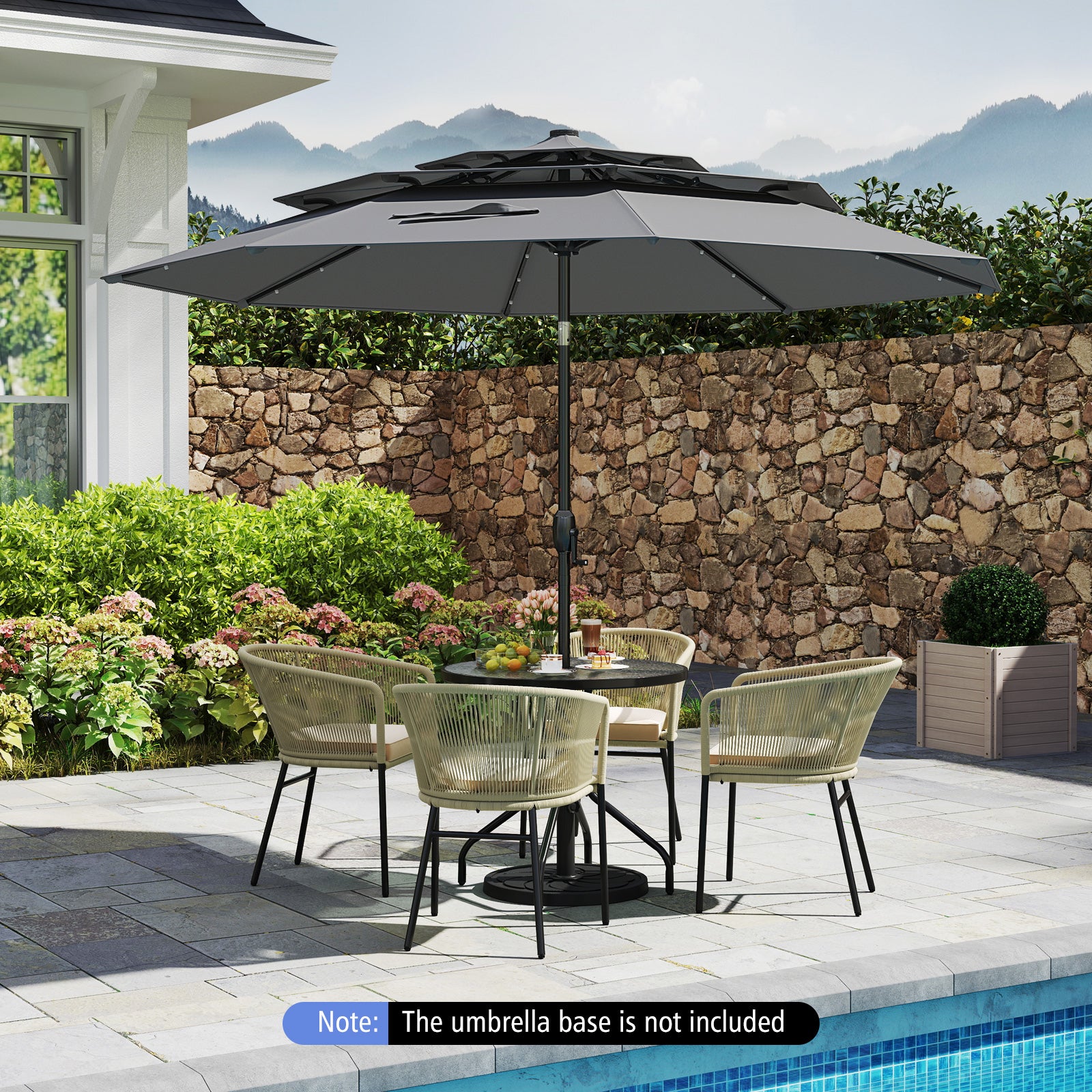 10 Feet Solar Patio Umbrella, 32 LED Lights, 3-Tier Vented Top, Gray Outdoor Umbrellas at Gallery Canada