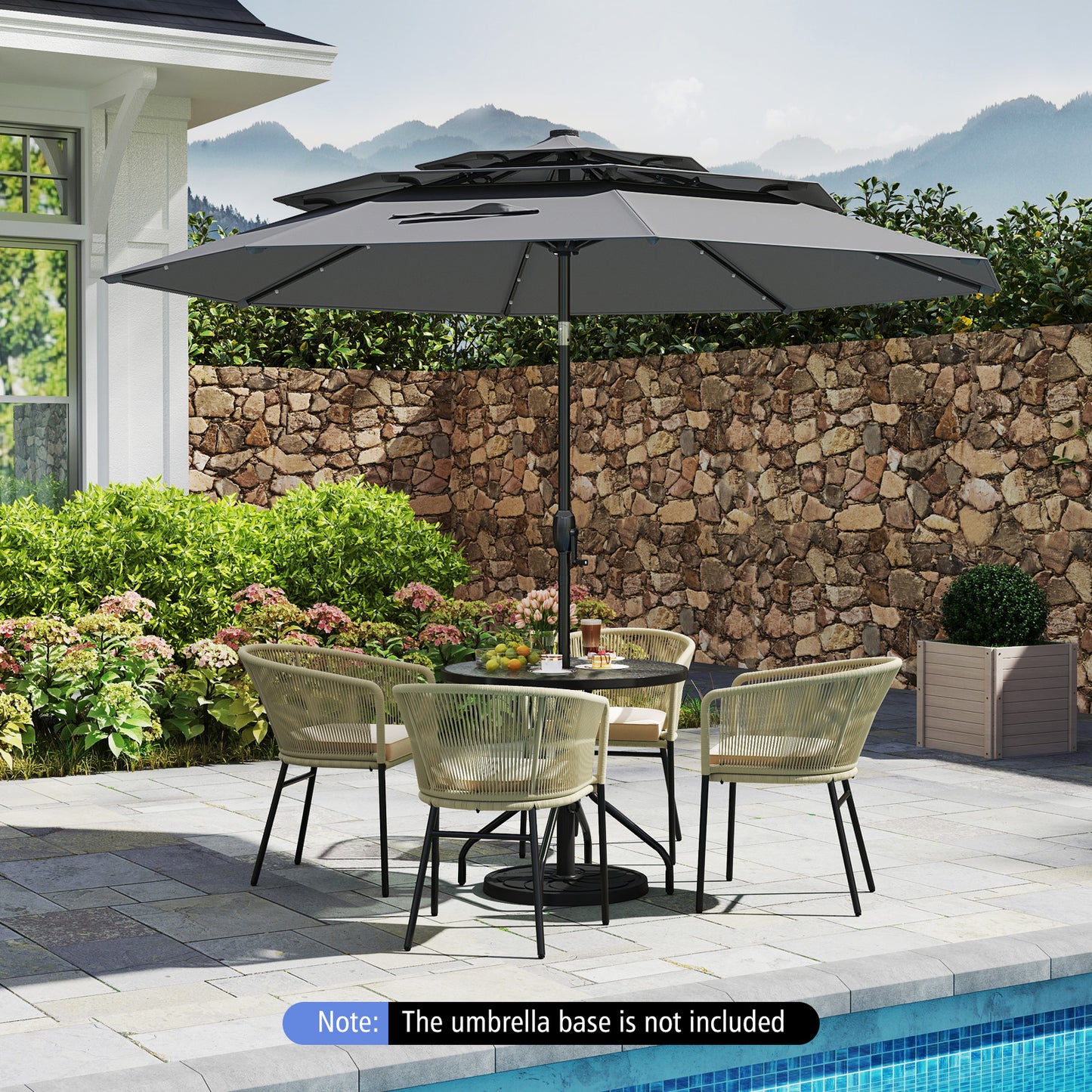 10 Feet Solar Patio Umbrella, 32 LED Lights, 3-Tier Vented Top, Gray Outdoor Umbrellas at Gallery Canada