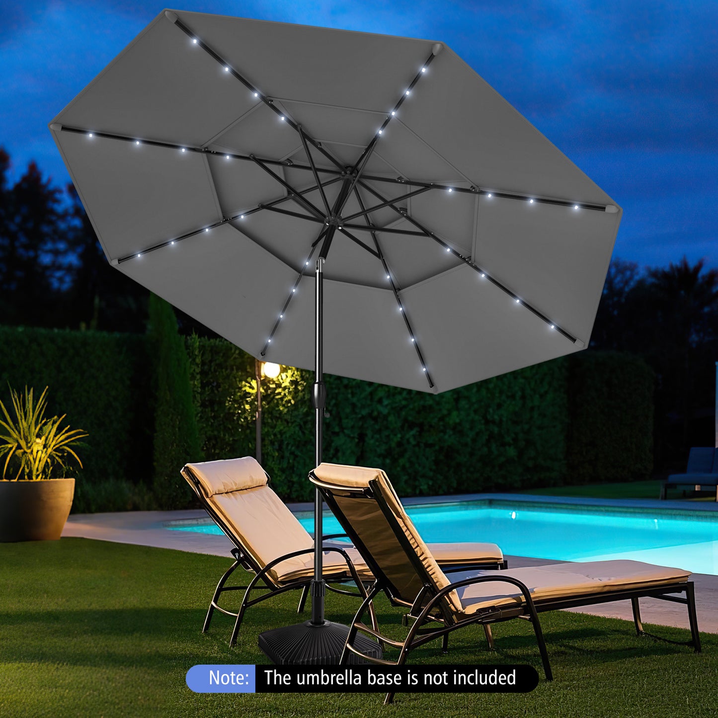 10 Feet Solar Patio Umbrella, 32 LED Lights, 3-Tier Vented Top, Gray Outdoor Umbrellas at Gallery Canada