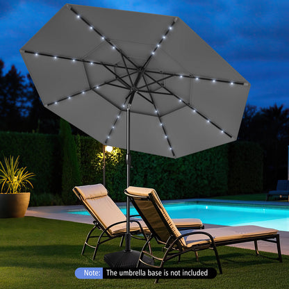 10 Feet Solar Patio Umbrella, 32 LED Lights, 3-Tier Vented Top, Gray Outdoor Umbrellas at Gallery Canada