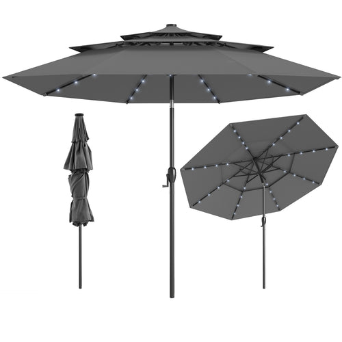 10 Feet Solar Patio Umbrella, 32 LED Lights, 3-Tier Vented Top, Gray
