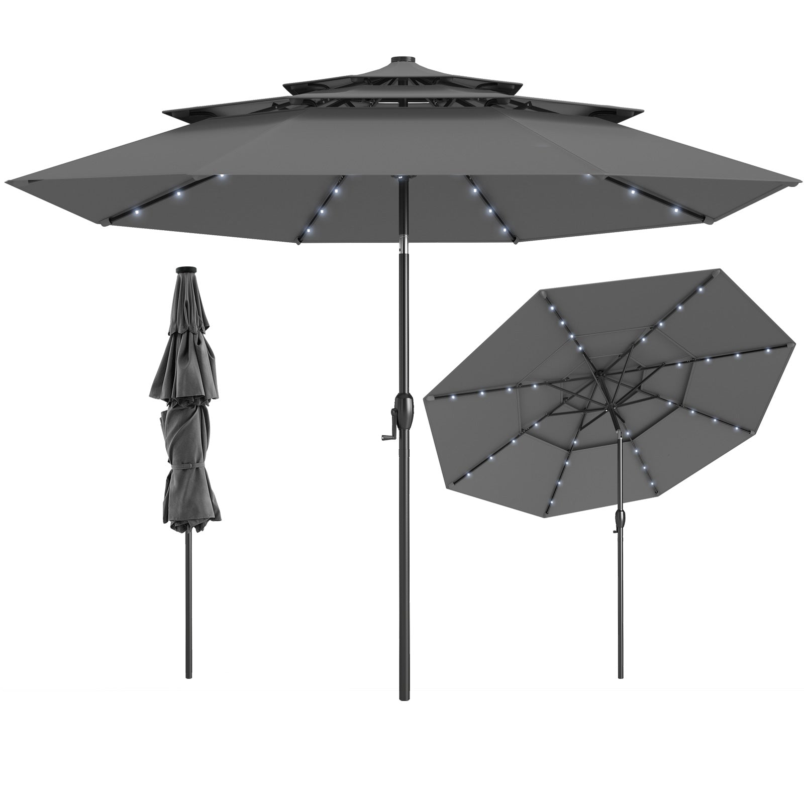 10 Feet Solar Patio Umbrella, 32 LED Lights, 3-Tier Vented Top, Gray Outdoor Umbrellas at Gallery Canada