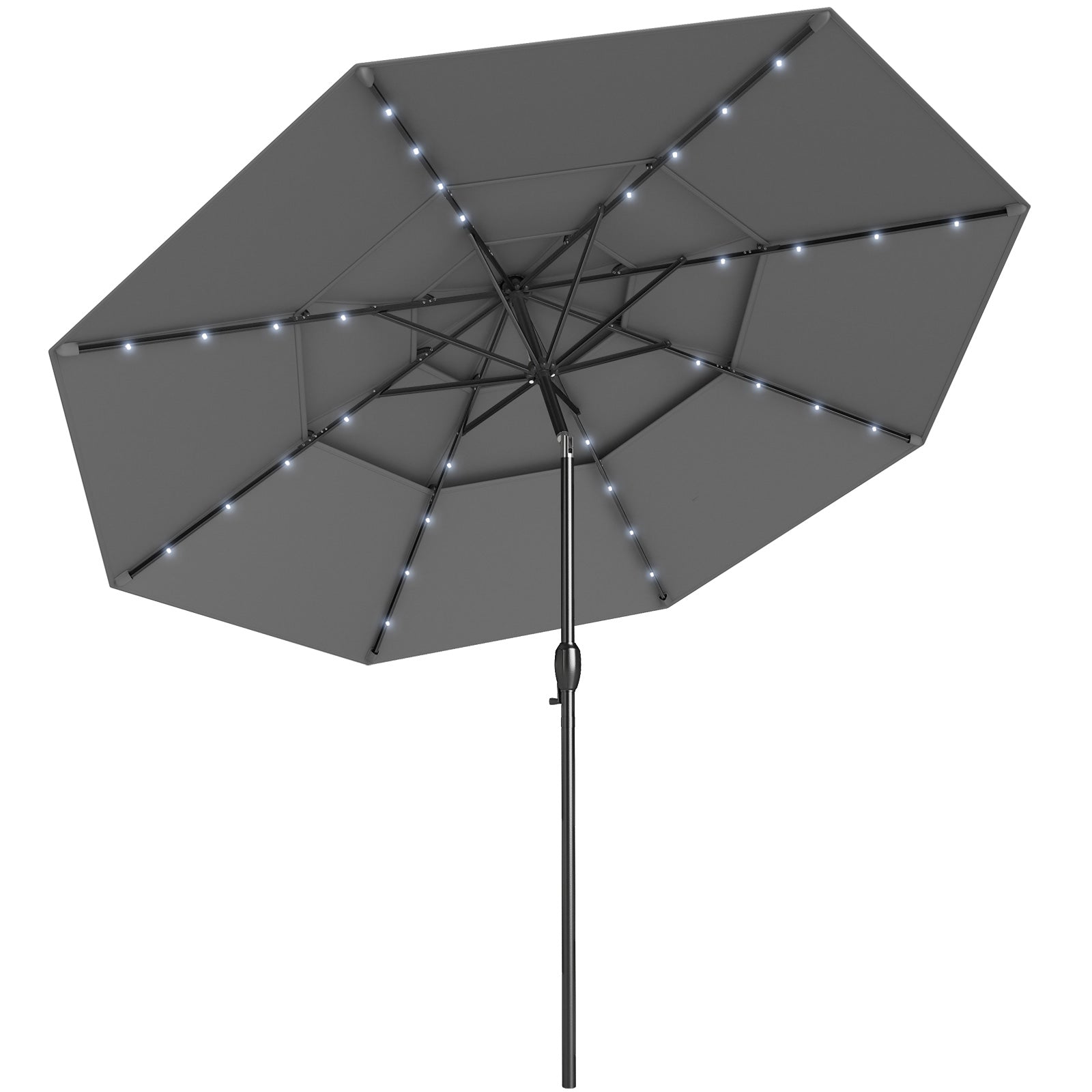 10 Feet Solar Patio Umbrella, 32 LED Lights, 3-Tier Vented Top, Gray Outdoor Umbrellas at Gallery Canada
