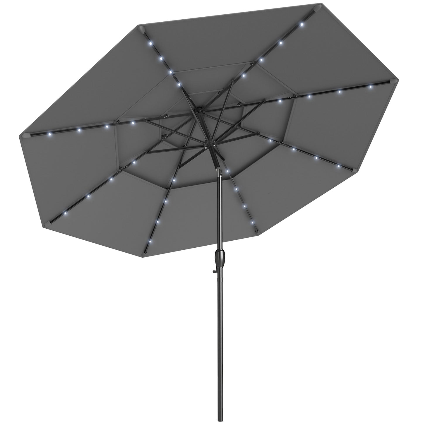 10 Feet Solar Patio Umbrella, 32 LED Lights, 3-Tier Vented Top, Gray Outdoor Umbrellas at Gallery Canada