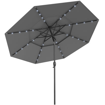 10 Feet Solar Patio Umbrella, 32 LED Lights, 3-Tier Vented Top, Gray Outdoor Umbrellas at Gallery Canada