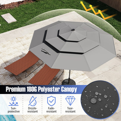 10 Feet Solar Patio Umbrella, 32 LED Lights, 3-Tier Vented Top, Gray Outdoor Umbrellas at Gallery Canada