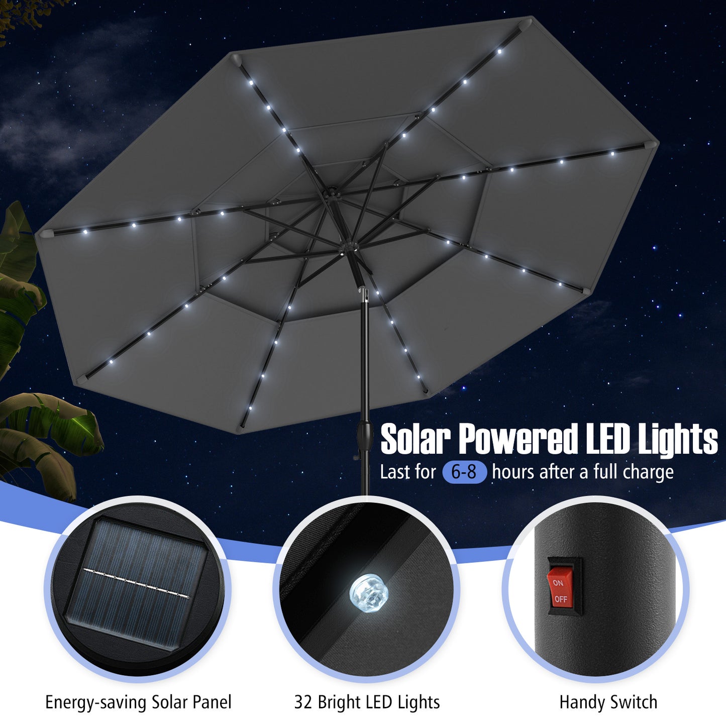 10 Feet Solar Patio Umbrella, 32 LED Lights, 3-Tier Vented Top, Gray Outdoor Umbrellas at Gallery Canada
