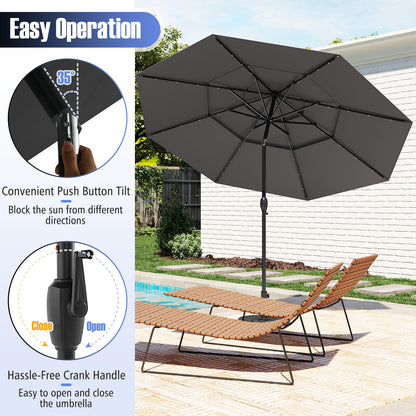 10 Feet Solar Patio Umbrella, 32 LED Lights, 3-Tier Vented Top, Gray Outdoor Umbrellas at Gallery Canada