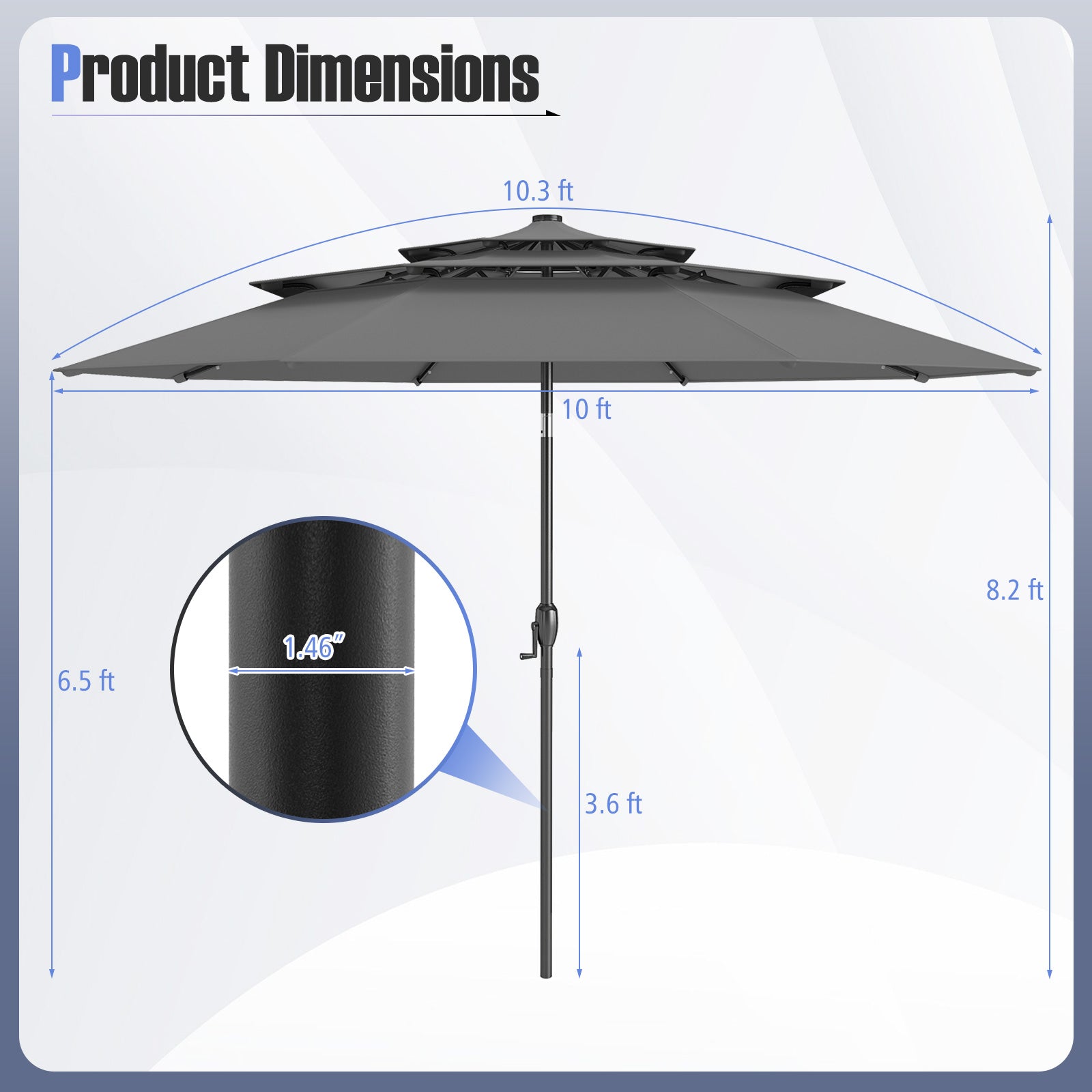 10 Feet Solar Patio Umbrella, 32 LED Lights, 3-Tier Vented Top, Gray Outdoor Umbrellas at Gallery Canada