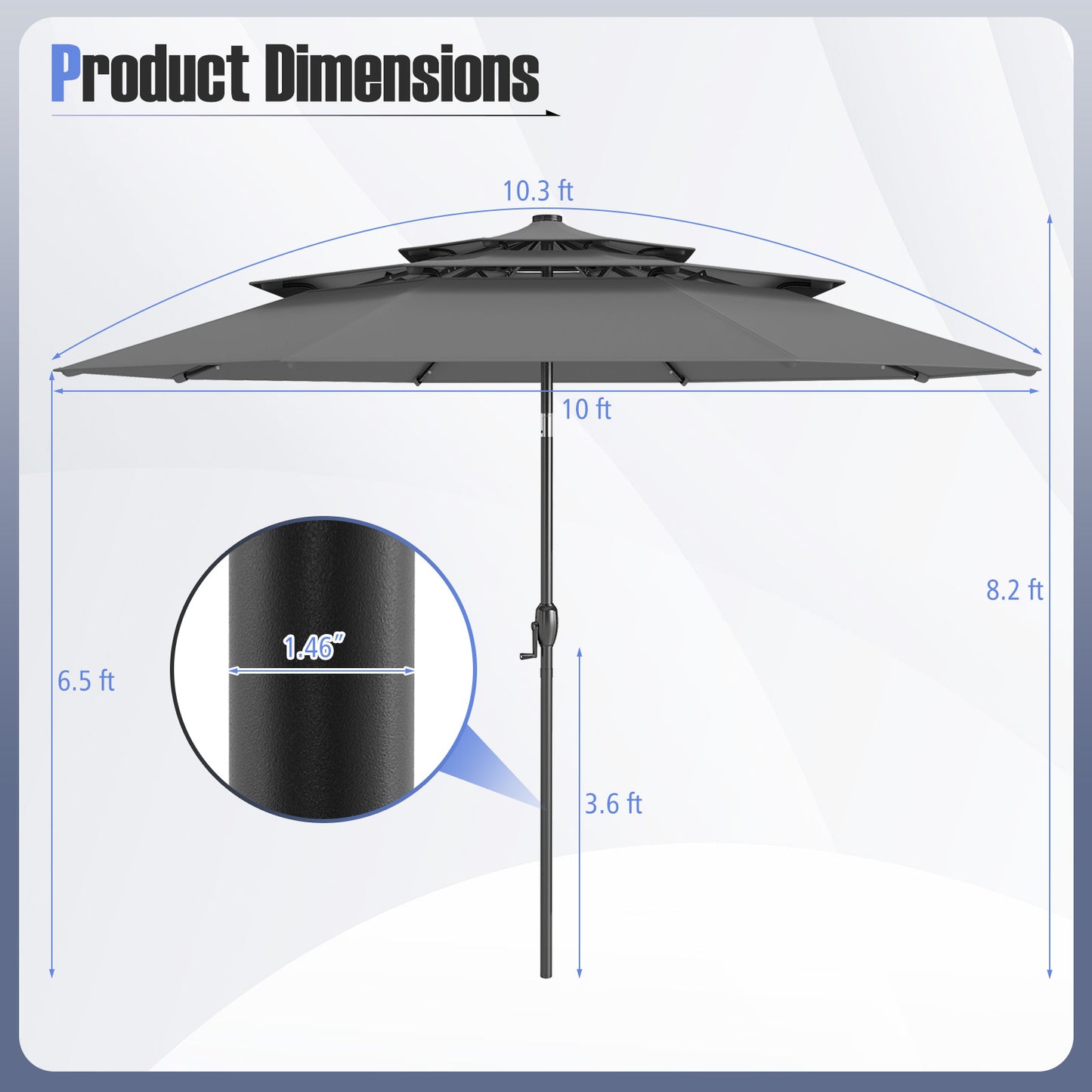 10 Feet Solar Patio Umbrella, 32 LED Lights, 3-Tier Vented Top, Gray Outdoor Umbrellas at Gallery Canada