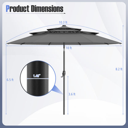 10 Feet Solar Patio Umbrella, 32 LED Lights, 3-Tier Vented Top, Gray Outdoor Umbrellas at Gallery Canada