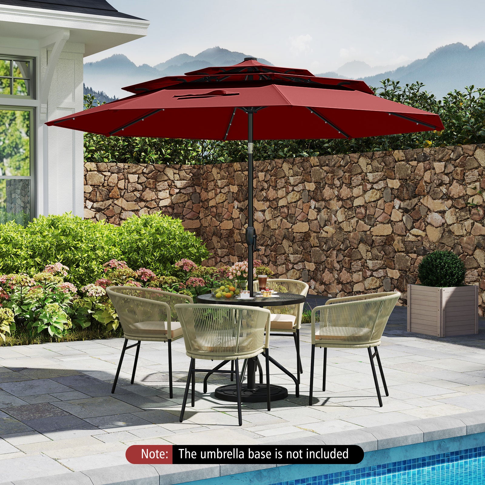 10 Feet Solar Patio Umbrella with 32 LED Lights 3-Tier Vented Top, Wine Outdoor Umbrellas at Gallery Canada