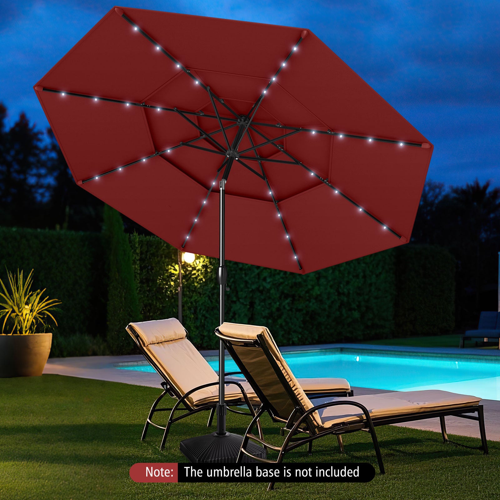 10 Feet Solar Patio Umbrella with 32 LED Lights 3-Tier Vented Top, Wine Outdoor Umbrellas at Gallery Canada