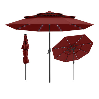 10 Feet Solar Patio Umbrella, 32 LED Lights, 3-Tier Vented Top, Wine
