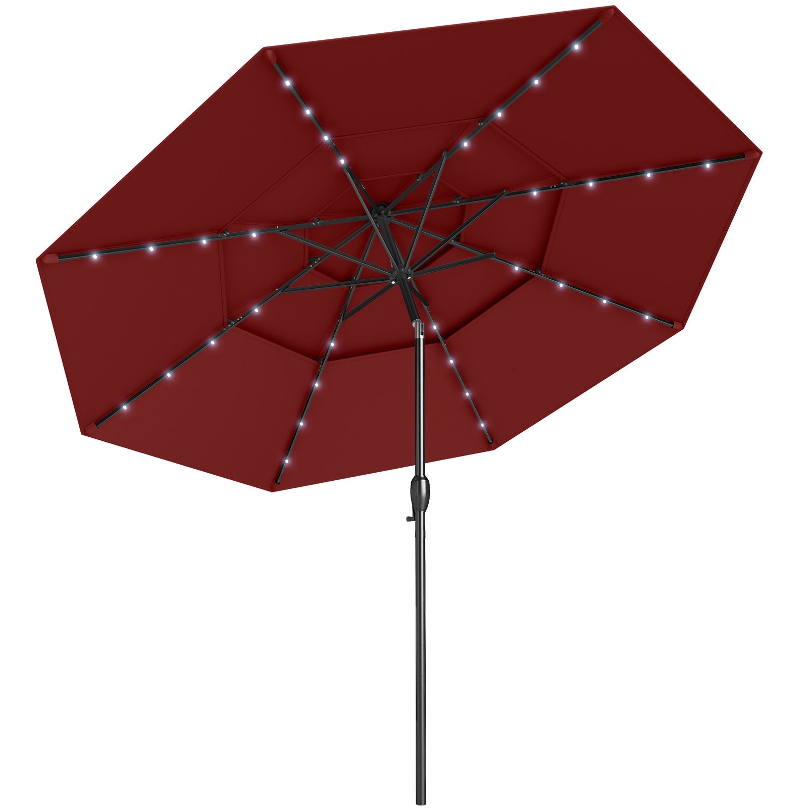 10 Feet Solar Patio Umbrella with 32 LED Lights 3-Tier Vented Top, Wine Outdoor Umbrellas at Gallery Canada