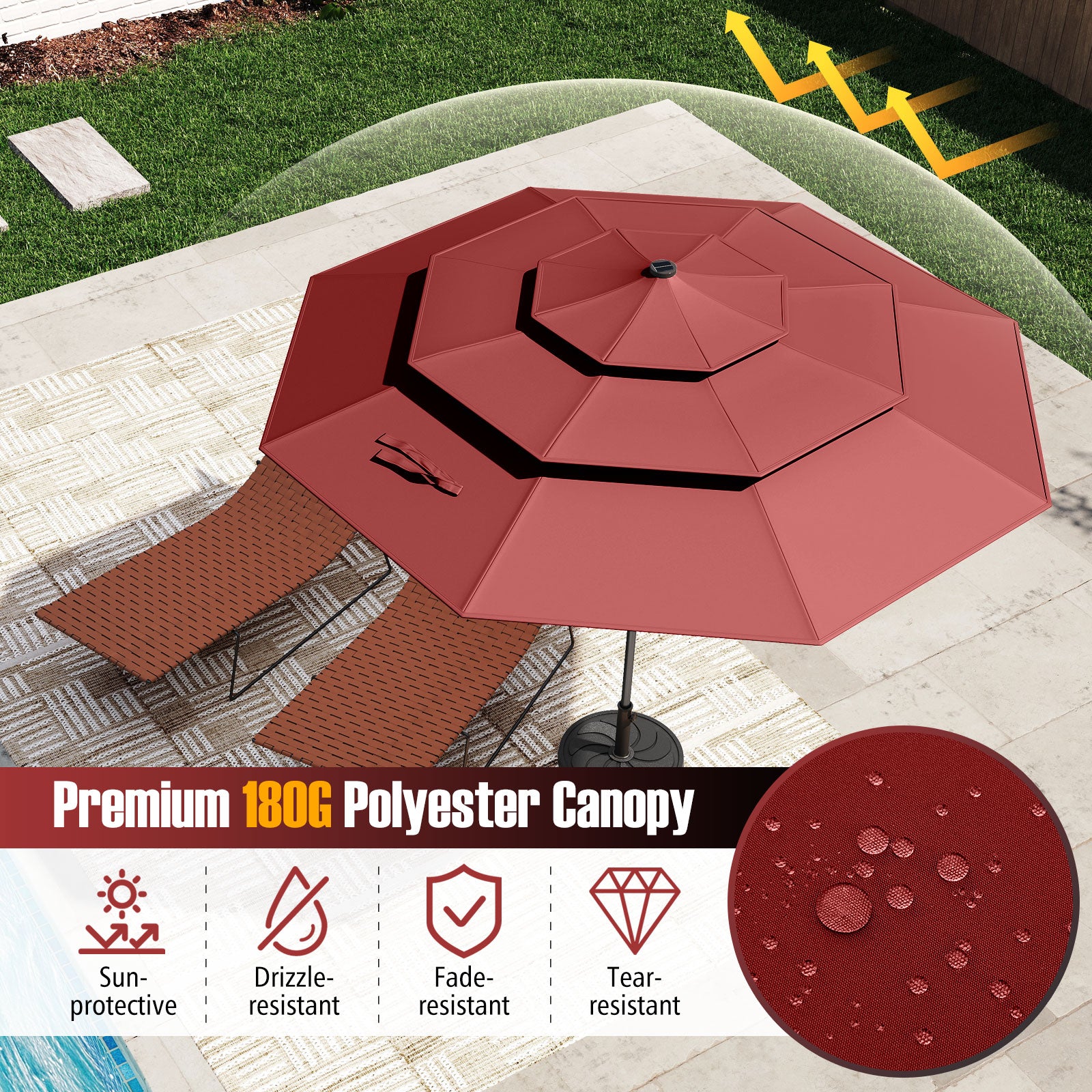 10 Feet Solar Patio Umbrella with 32 LED Lights 3-Tier Vented Top, Wine Outdoor Umbrellas at Gallery Canada