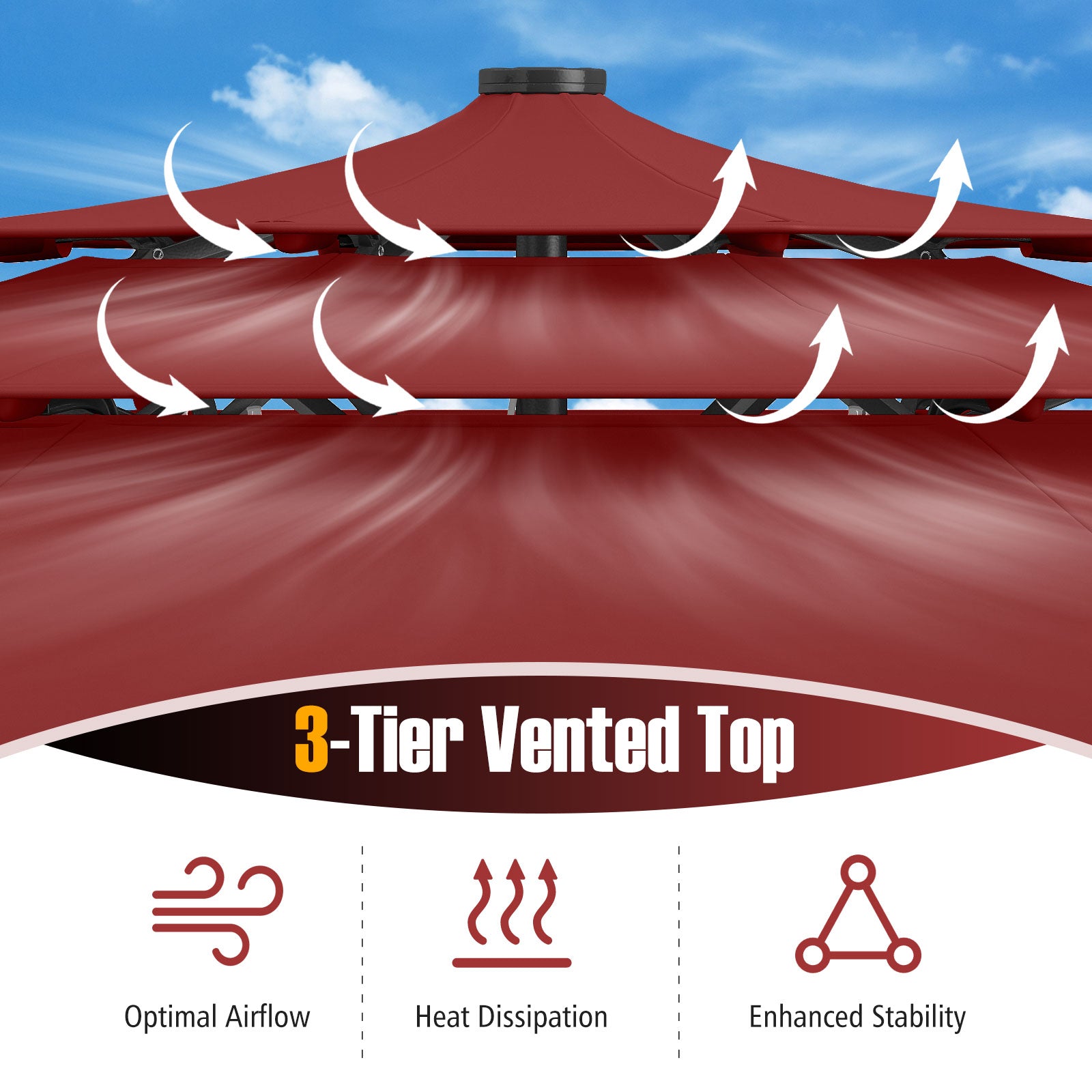 10 Feet Solar Patio Umbrella with 32 LED Lights 3-Tier Vented Top, Wine Outdoor Umbrellas at Gallery Canada